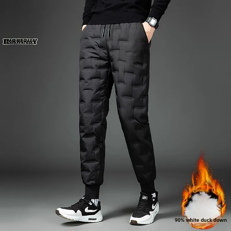 

Мужские зимние пуховые брюки: теплые, с манжетами, белые, с наполнителем из пера, длинные, молодежные, повседневные, прямого кроя, с завязками на талии