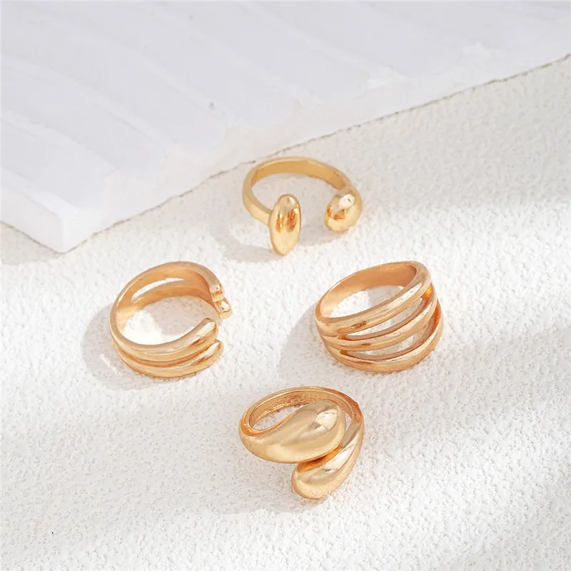 4 pcs/set Vintage Metal Geometric Ring Set for Women Punk Hiphop Gold Color Metal Knuckle Ring Fashion Trend Jewelry Gift