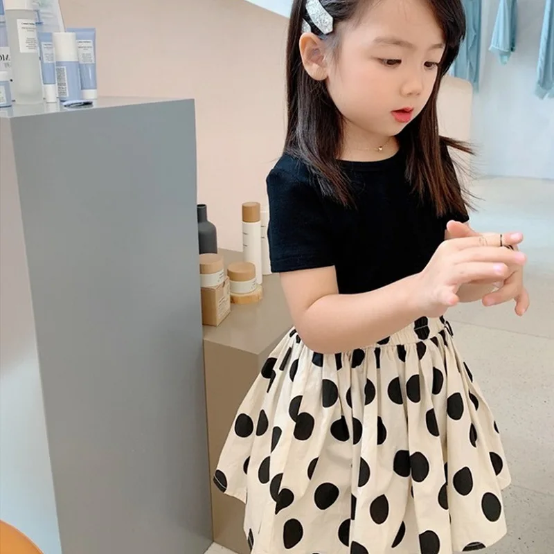 Summer Girls\' Clothing Sets Back Buttons Hollow Vest Casual Top + Polka Dot Skirt Fashion Baby Kids Outfit Children Clothes Suit