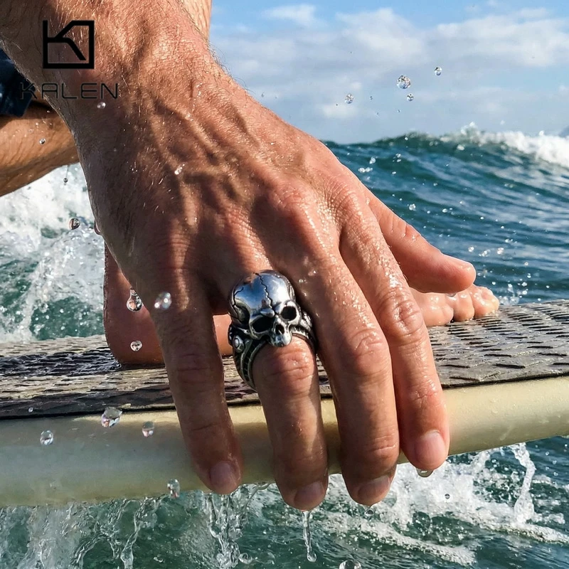 Anillo KALEN Vintage Gótico de Acero Inoxidable con Calavera Agrietada para Hombre, Decorado con Rosas, Anillos de Metal Pesado, Joyería Hip Hop Biker, Regalos