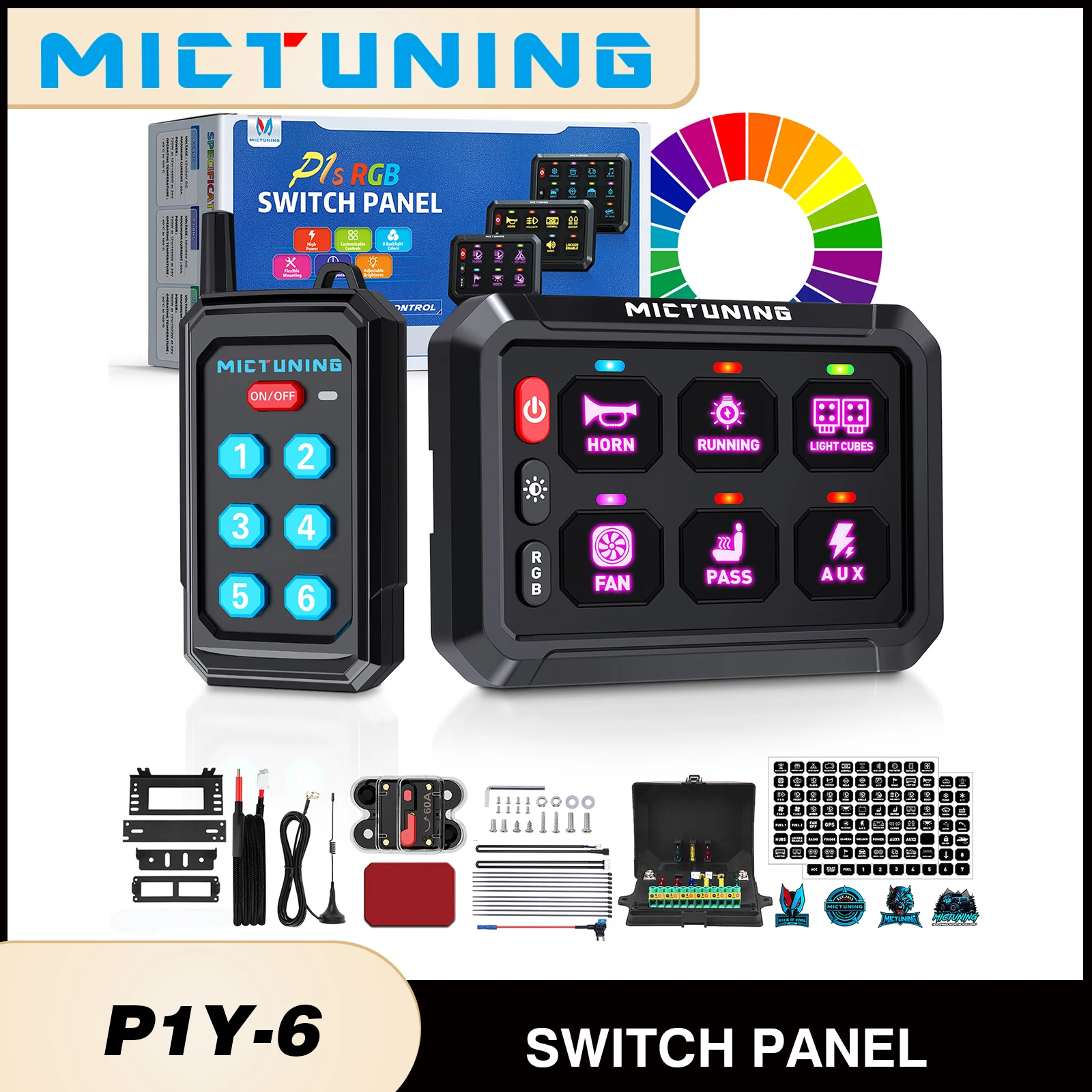 

6-клавишная панель переключателей MICTUNING P1Y с магнитным беспроводным пультом дистанционного управления, беспроводная связь до 230 футов для грузовиков, внедорожников, морских пехотинцев