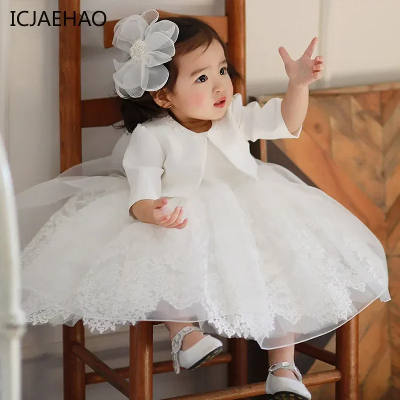 

2025 1st Birthday Party Baby Girls Dresses Matching Wedding Puffy Lace Long Sleeve Baptism Christening Gowns Clothes Vestido