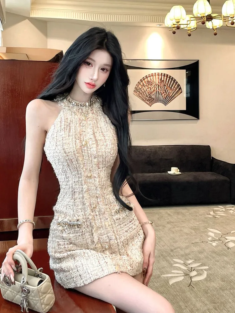 Keni plus Size Pure Desire Heavy Embellished Necklace Women's Summer Micro Fat Waist Cinching Dress Korean Style A-Line Short...