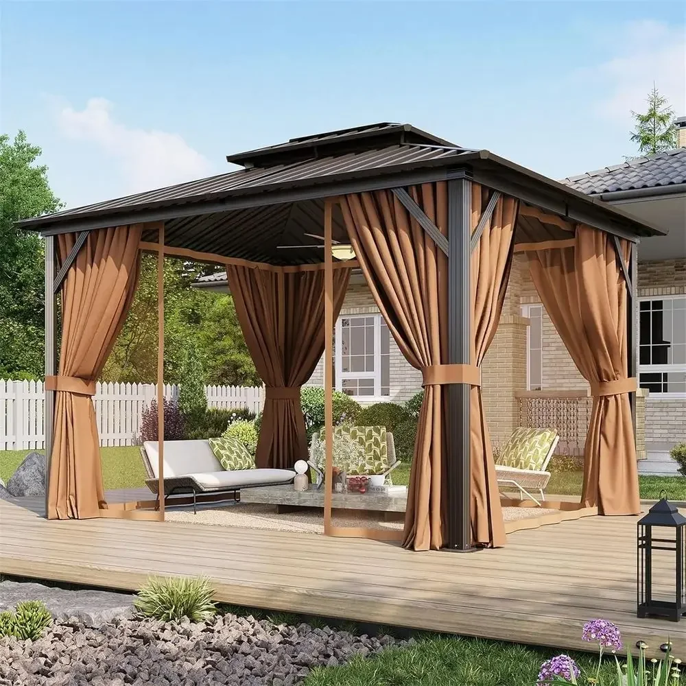 

12x10 ft. Steel Hardtop Gazebo with Double Roof, Outdoor Pergola, Nettings & Curtains for Garden, Patio (Brown)