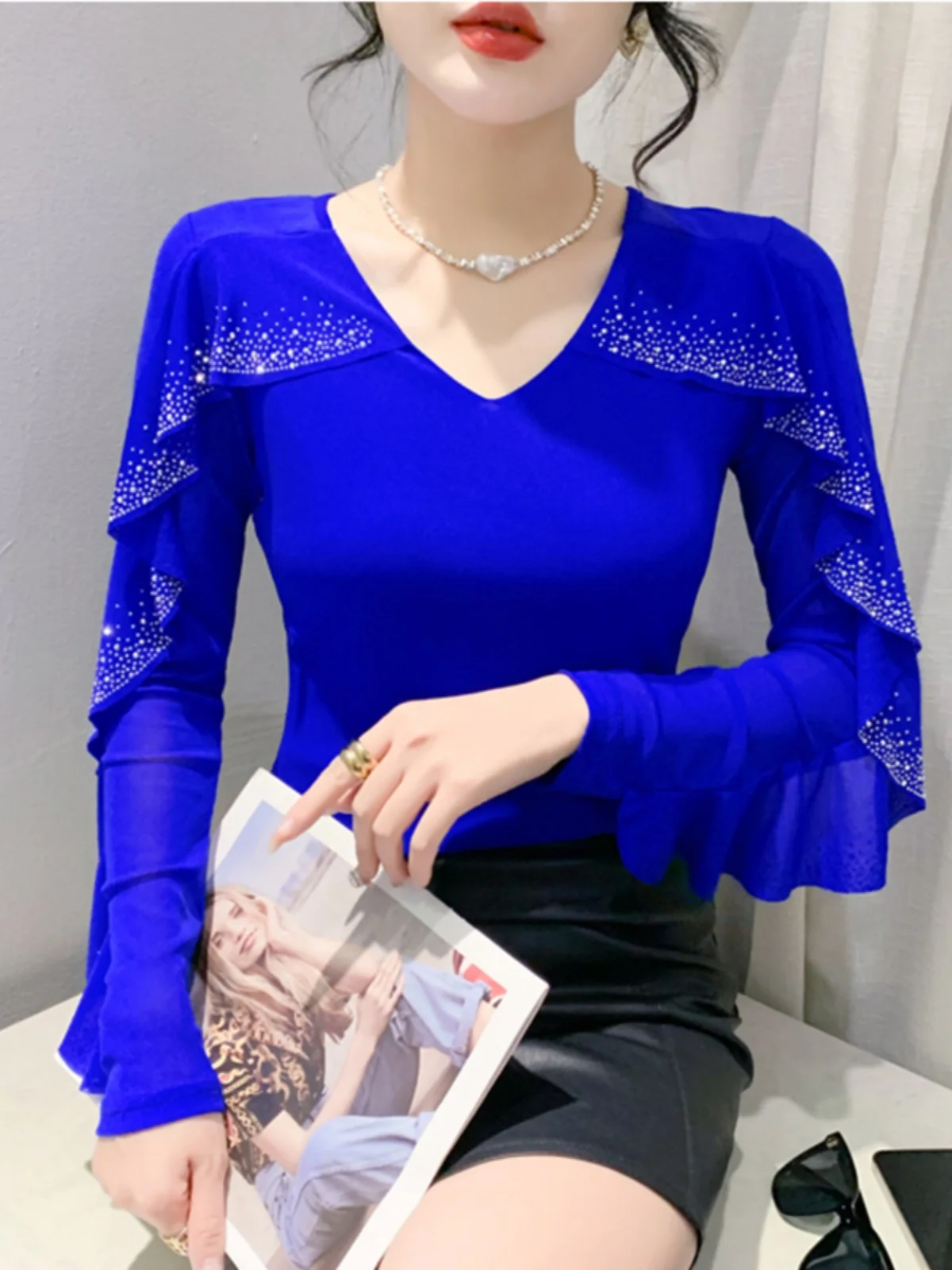 

Sexy Me Base irt Women's Long Sve V-Ne T-irt Spring Autumn 2024 New Sle Hollow out Ele Korean Version Top