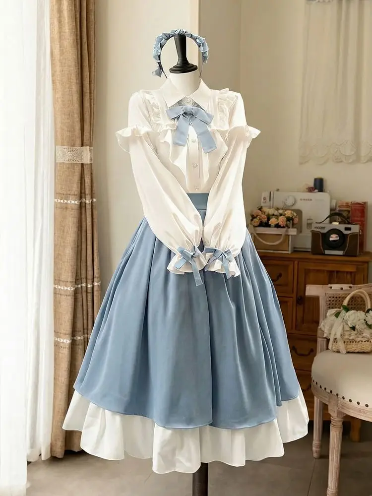 

2026 New Japanese Elegant Lolita 2 Piece Set Women Sweet Bow Long Sleeve Shirt Tops Blue Skirt Preppy Suit Korean Female Outfit