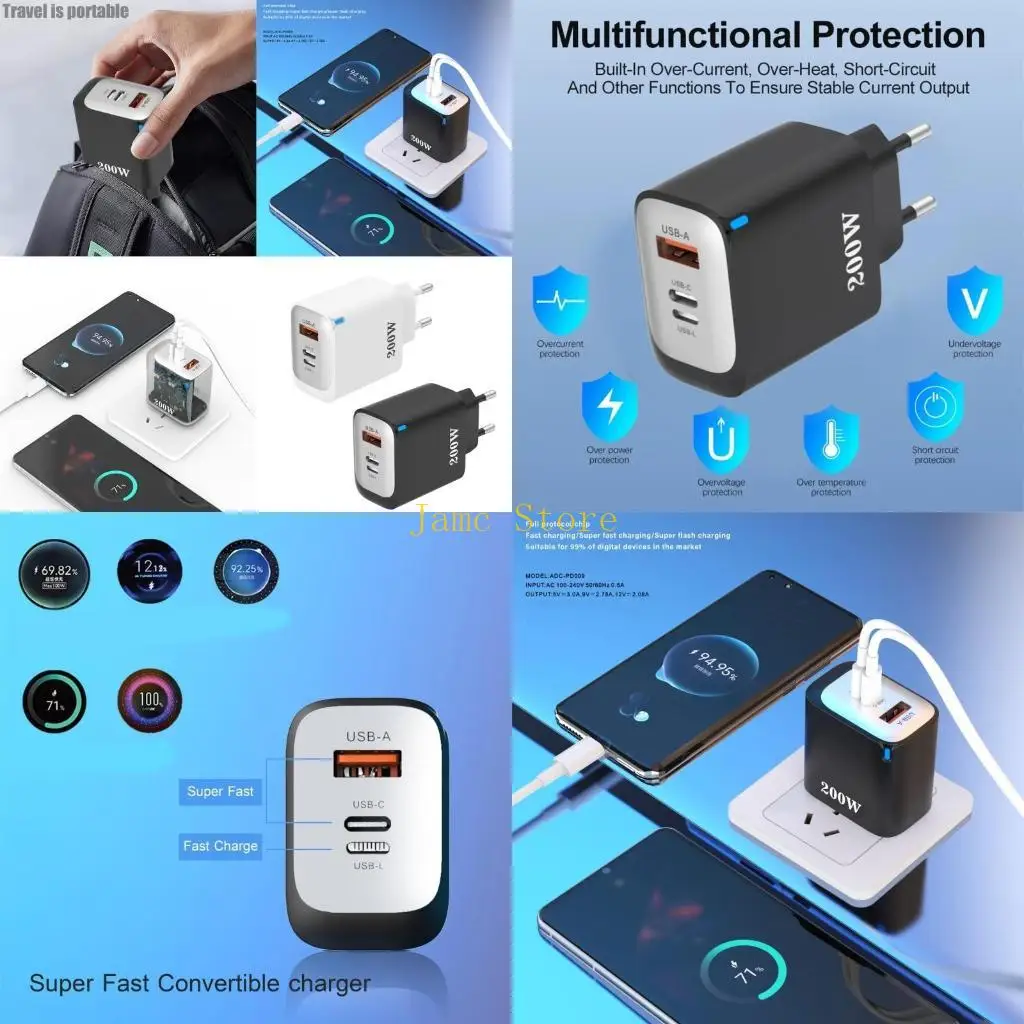 

LX0B Портативный адаптер для быстрых зарядных устройств USB C USB A USB L мощностью 200 Вт с совместимостью с несколькими