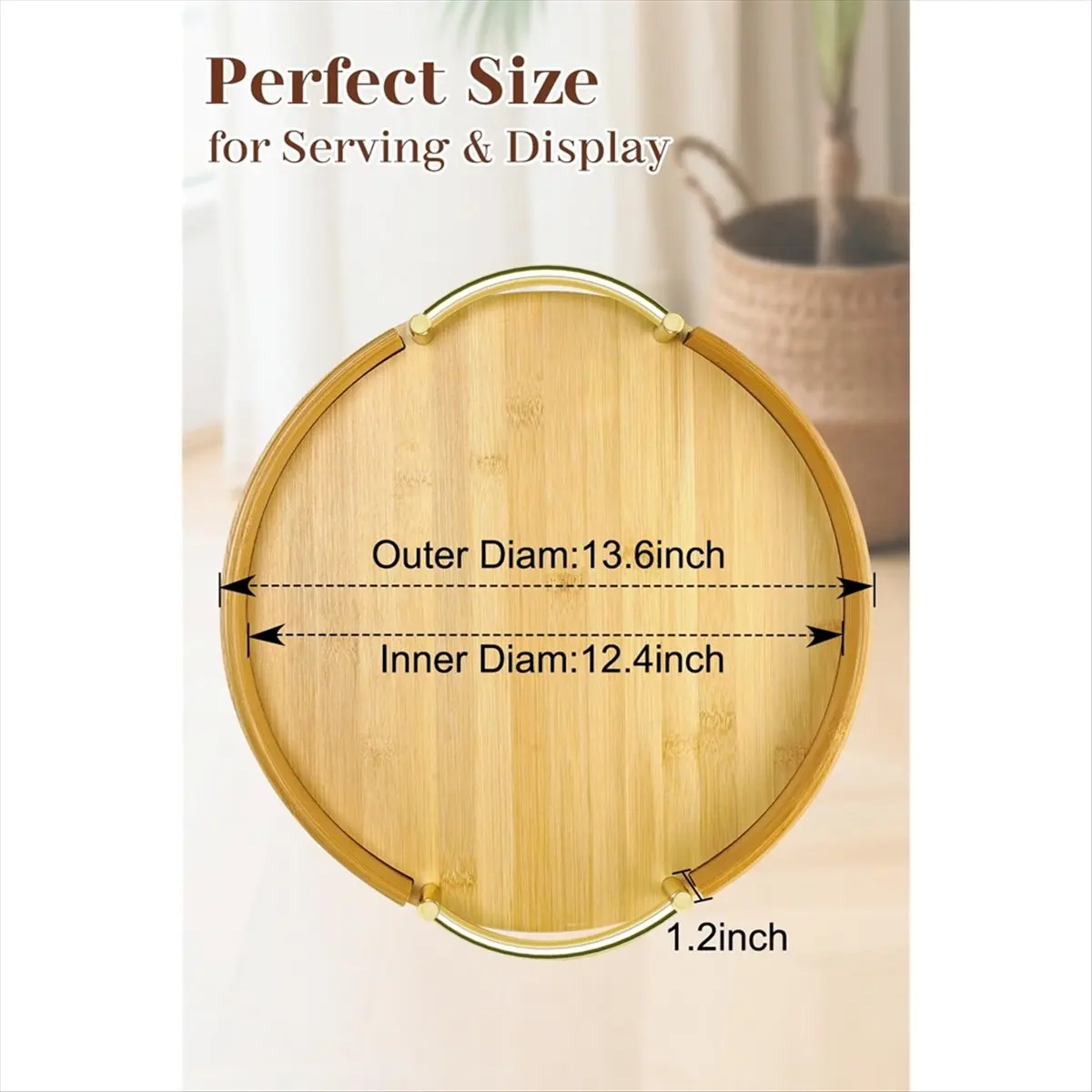

*ESTR 14Inch Round Bamboo Serving Tray with Handles - Decorative Tray,Breakfast Tray, Coffee Table Tray, Ottoman Tray,Kitchen