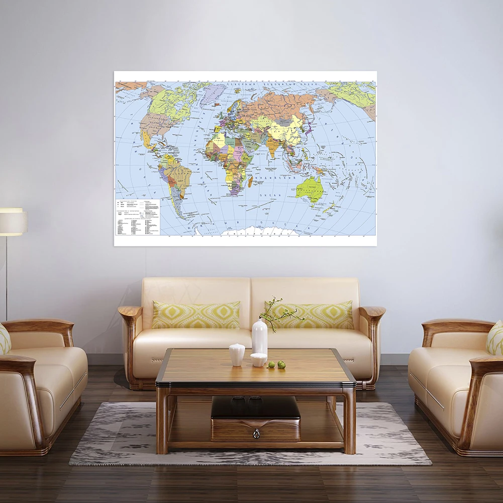 O Mapa do Mundo Grande Wall Art Poster, Pintura em Vinil Canvas, Home Decor, Infantil Material Escolar, 225x150cm, Russo