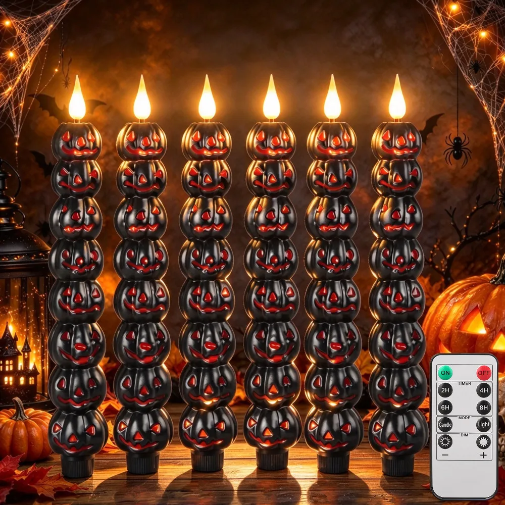 Black Flameless Taper Candles with Remote Timer Orange LED Window CandleSticks Flickering for Halloween Party Table Indoor Decor
