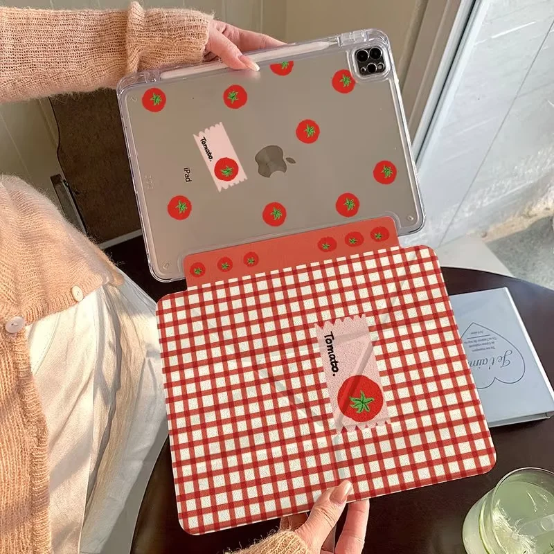 

Cute Tomatoes Plaid For iPad Case iPad Air 4 5 6 Pro 11 12.9in 13 M4 10.9 10.2 Mini 7 6 10th Y Folded Edge Case with Pen Holder
