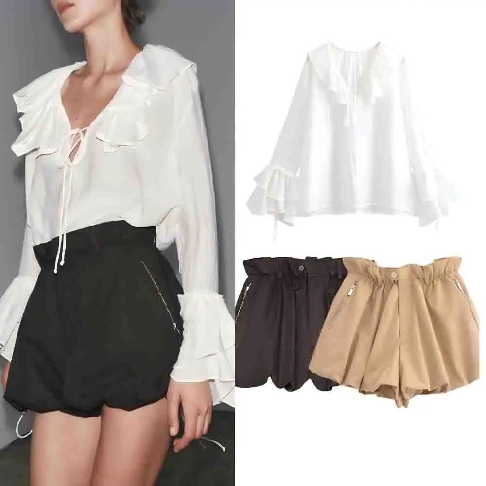 

Women's summer fashion layered ruffle edge decoration loose white casual shirt retro long sleeved lace up women's shirt chic top