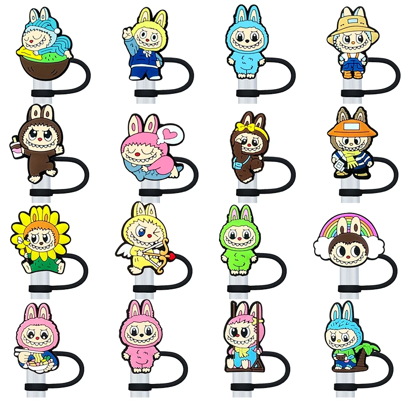 1-16PCS Cute Labubu Charm Cartoon Straw Cover Cap 10MM Drink Straw Plug Reusable Splash Proof Drinking Cup Straw Cap Accessories