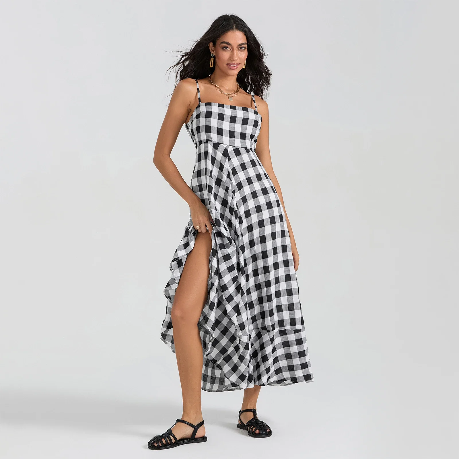 

Women Sleeveless Plaid Print Spaghetti Strap A-Line Party Swing Dress Vacation fashion vintage womens boho dress
