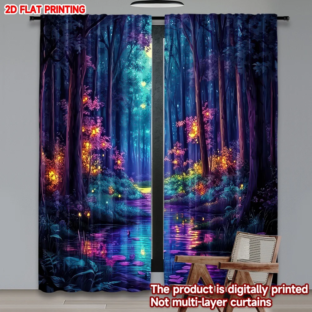 

2D flat printing 2pcs Drapes Enchanted Forest Nightscape Digital Printed Polyester Drapes Holiday Decorations Perfect for