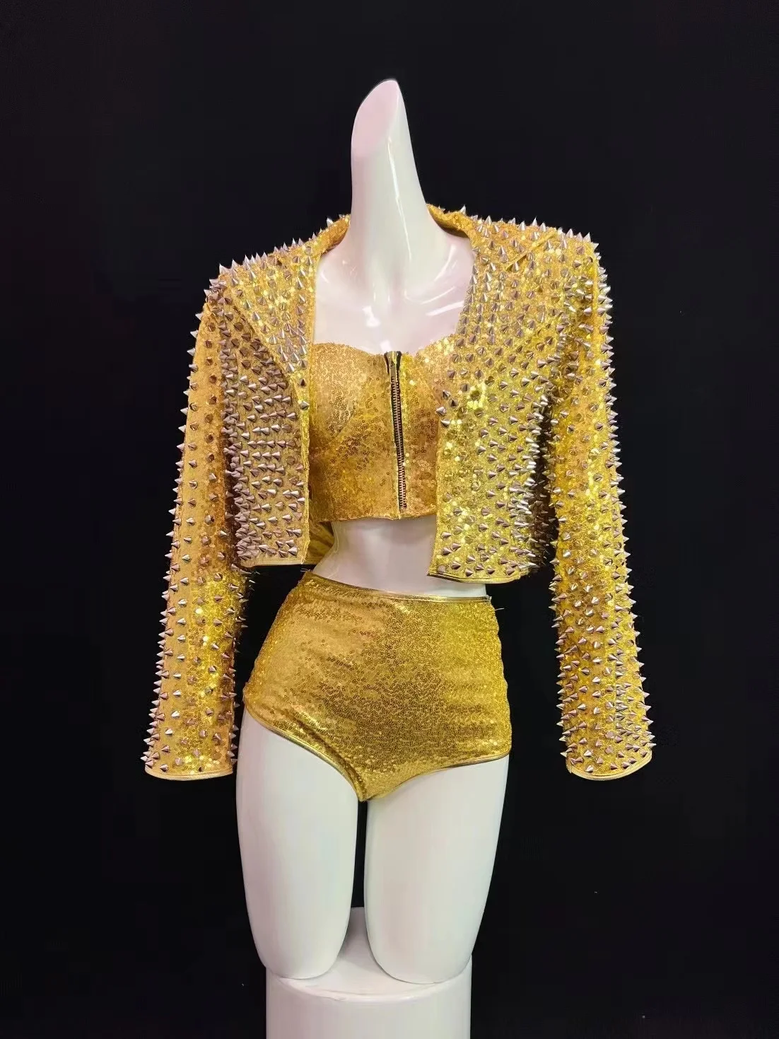 

Vintage Rivet Sequin Jacket+Zipper Vest+Shorts Outfit Rock Dance Team GOGO Singer Stage Bar Club Performance Suit Black Gold Red