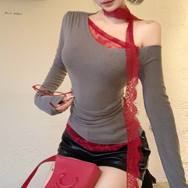 Kadın Kırpma Üstleri Vintage Kore Retro Yüksek Sokak Sahte 2 Parça Dantel Patchwork T-Shirt streetwear Tee Gömlek