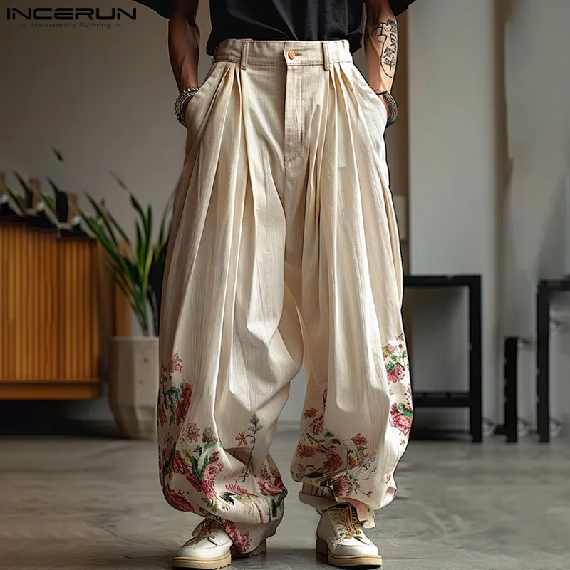 

INCERUN 2024 Korean Style Trousers Stylish Men's Floral Printed Design Long Pants Casual Clubwear Loose Wide Leg Pantalons S-5XL