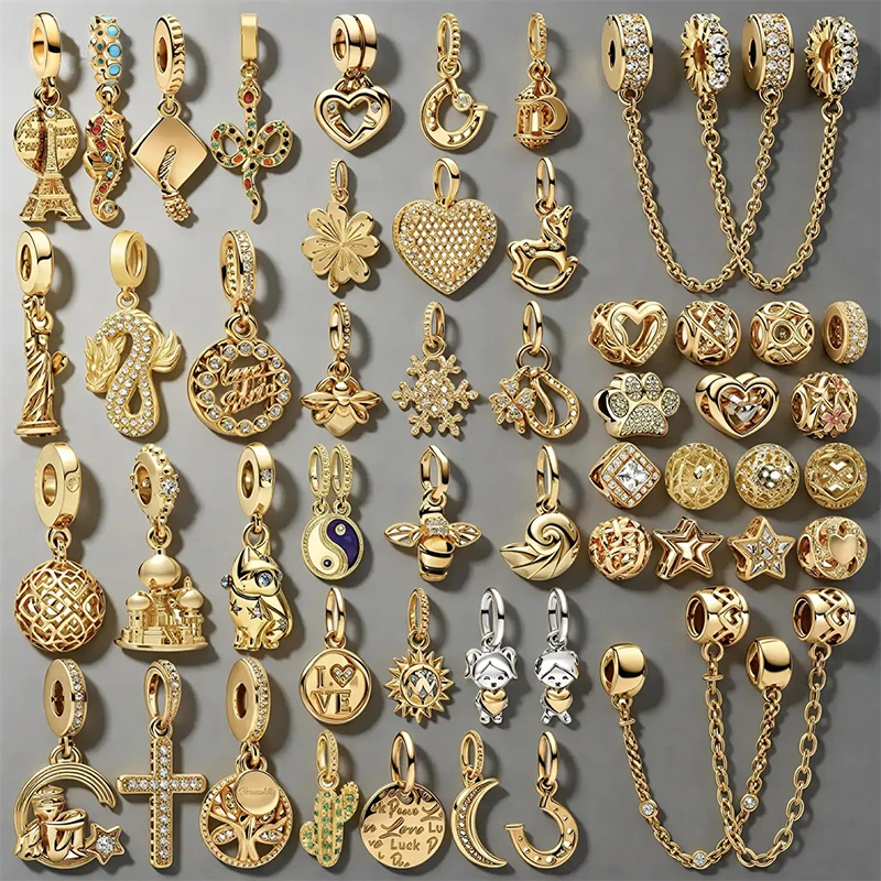 NOUVEAU Breloques Mixtes Plaqué Or pour Bracelet, Fabrication de Bijoux DIY, Pendentifs Abeille, Tour Eiffel, Croix, Lune, Cœur, Perles CZ pour Femme, Cadeau