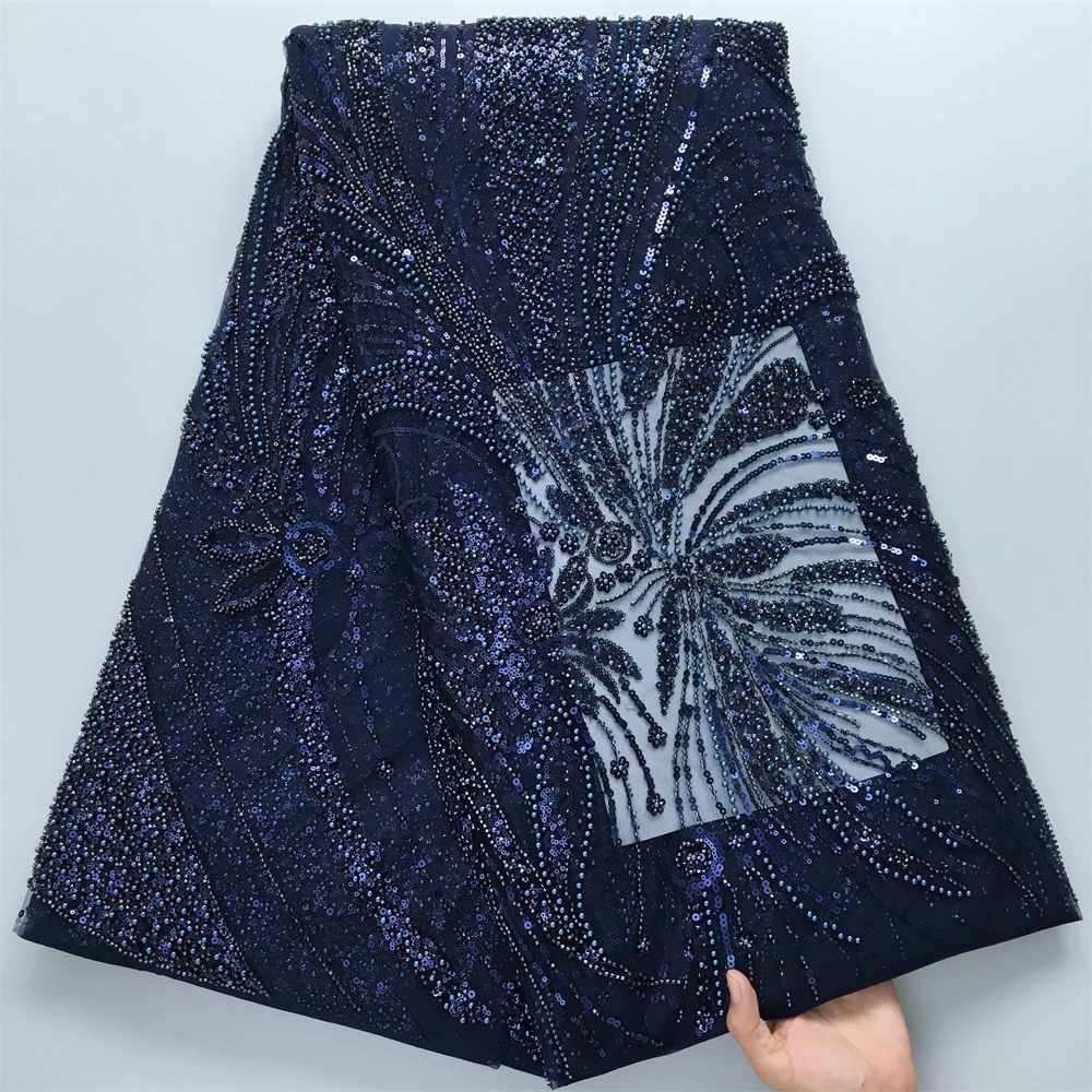 Luxuriöser marineblauer, stark perlenbesetzter Tüll-Spitzenstoff, handgenähte Pailletten, Mesh, afrikanische französische Spitze für Hochzeits- und Abendkleider, 5 Yards