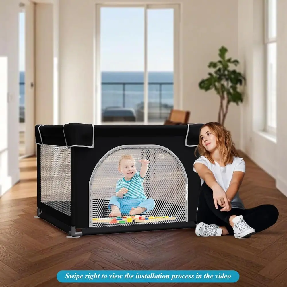 Portable Toddler Playpen with Mat, Compact Play Yard for Indoor & Outdoor, Durable Baby Safety Enclosure (Black, 36x36)