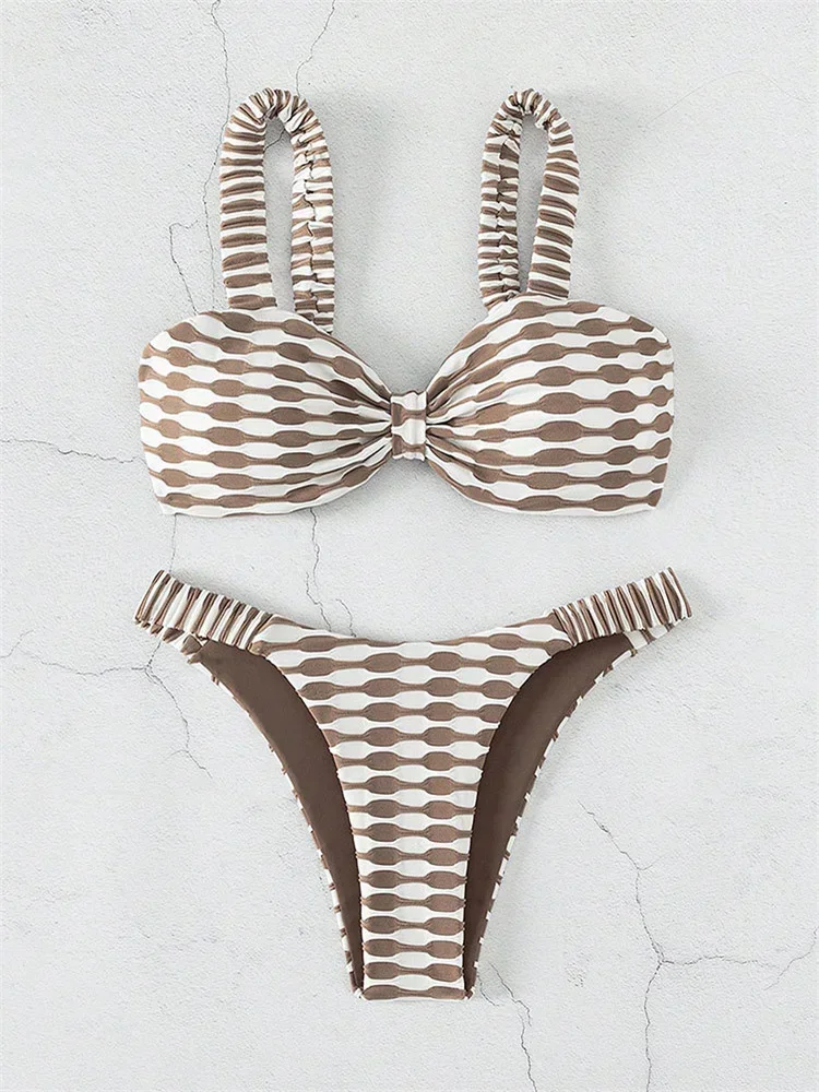 Sexy Khaki Plaid Print Bikinis Sets 2025 Women Luxury Stripe Front Bow Push Up Micro Swimsuit Summer Bathing Suit Thong Swimwear