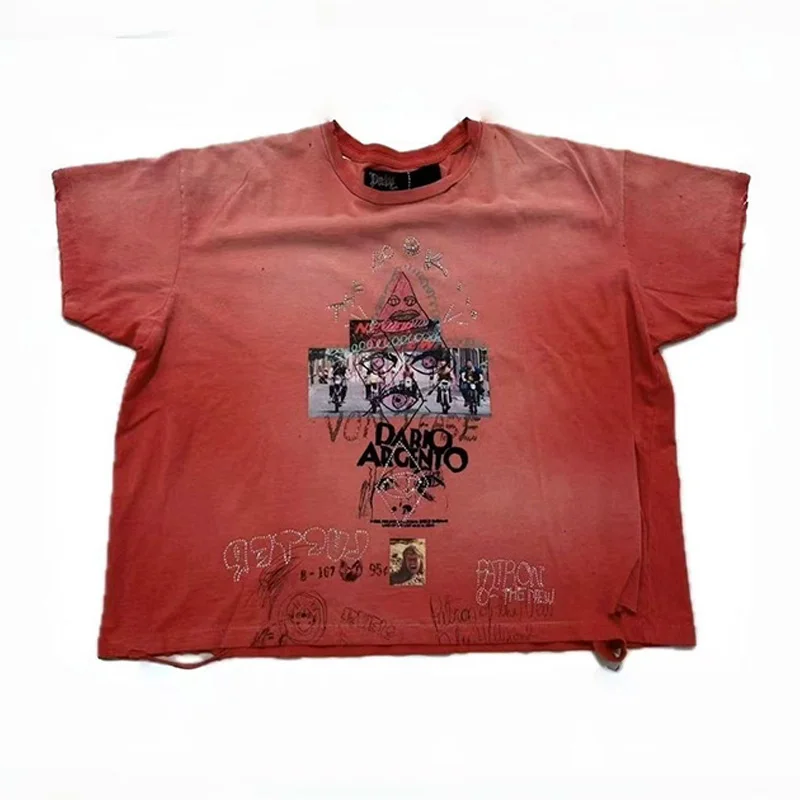 Men Woman Washed Red Paly T Shirt Cotton Best Quality Vintage Hole Old Damaged Loose Tops Tee Spring Summer Streetwear