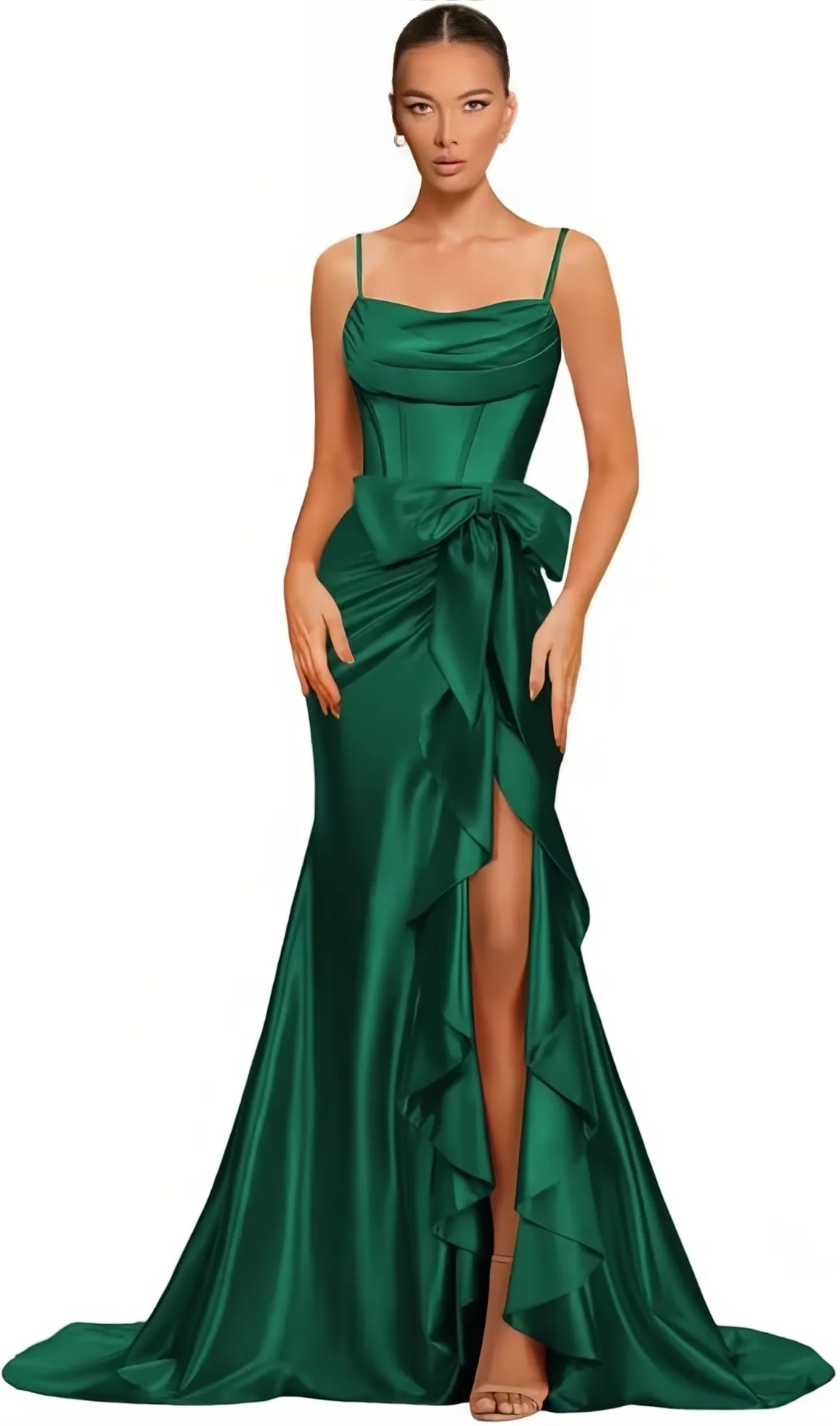 Spaghetti Straps Satin Prom Dresses for Women Mermaid Evening Gown Split off Shoulder Cocktail Dress with Bow Guest Dress image 4