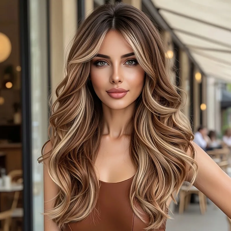 Lady's long wavy wig with voluminous natural curls