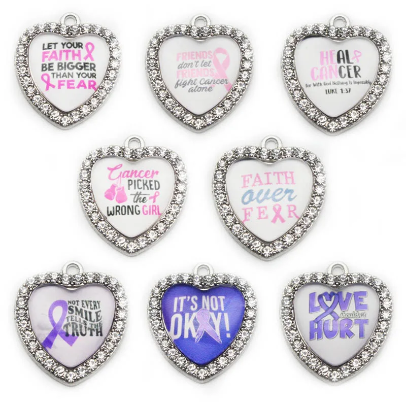 

Оптовая продажа, 8 шт./лот, смешанные кристаллы, лента для рака сердца, осведомленность, Висячие Подвески, подвески «сделай сам», подвески, браслеты, аксессуары