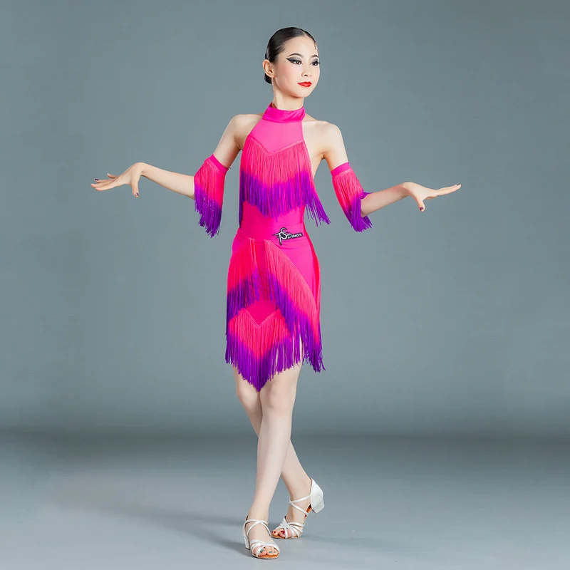 

Children Latin Dance Dress For Girl Latin Competition Costume Sleeveless Gradual Fringed Dress Performance Outfits