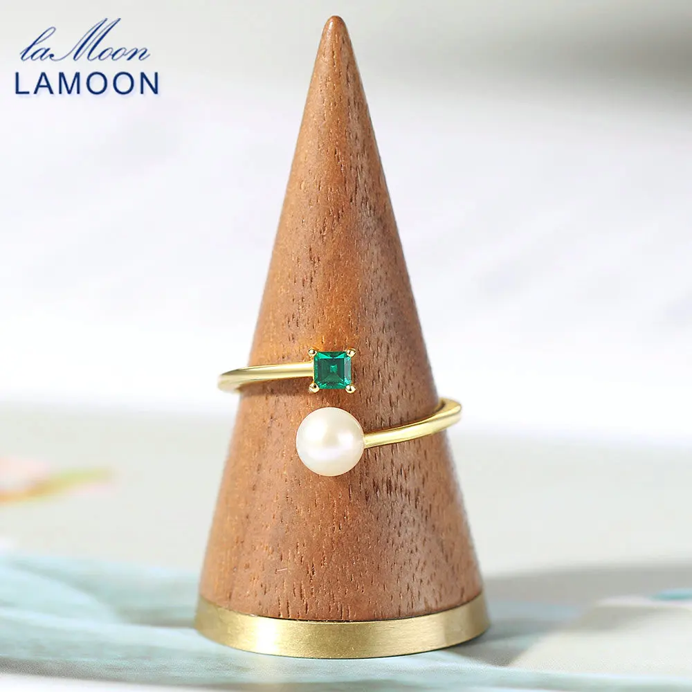 

LAMOON 925 Silver Natural Freshwater Pearl Ring For Female Green Square Cubic Zirconia 14K Gold Plated Fine Jewelry LMRI153