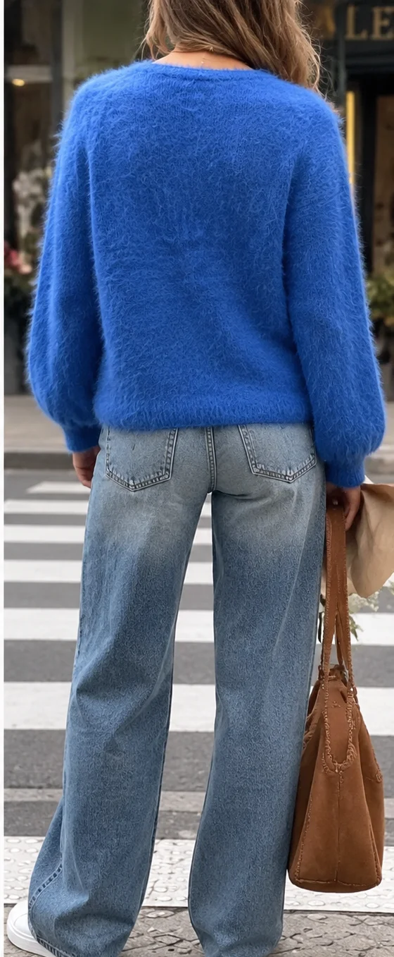 Plus Size Women's Sea Blue Fuzzy Sweater Zip Up V Neck Long Sleeve Oversized Fluffy Pullover Autumn Winter