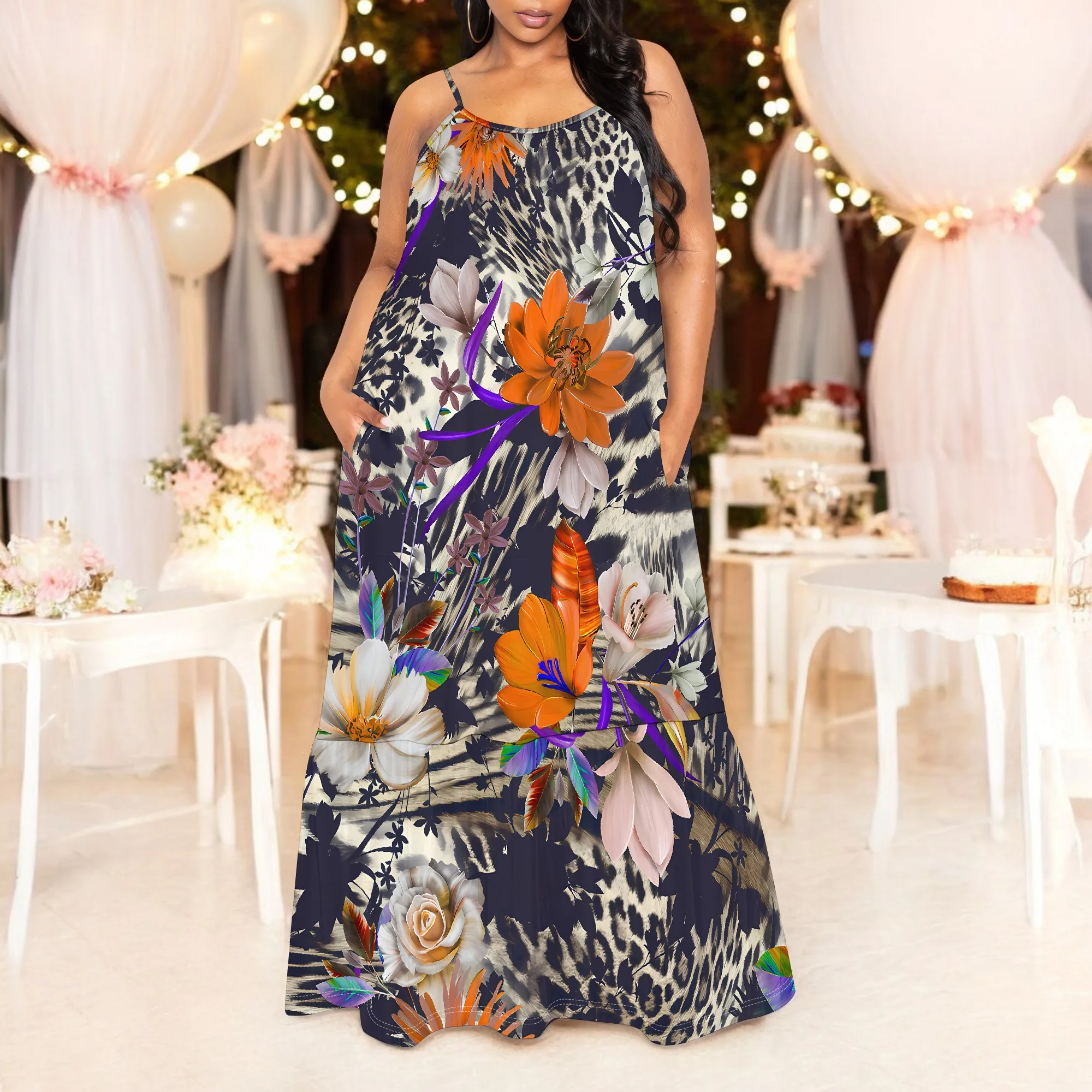 Modna damska sukienka z krótkim rękawem i nadrukiem Seksowna sukienka z odkrytymi ramionami, obcisła sukienka na imprezę, sukienka wiązana na szyi z kieszenią