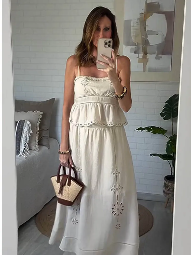 

HH женский костюм с юбкой, шикарный короткий однотонный топ без рукавов с полой вышивкой + летняя модная юбка-миди трапециевидной формы с эластичной резинкой на талии