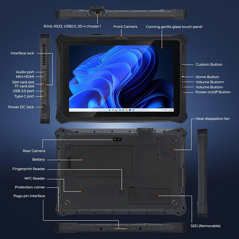 10 inch Windows 11 Rugged Tablet i7 CPU Industrial Tablet RJ45 Port Optional car holder