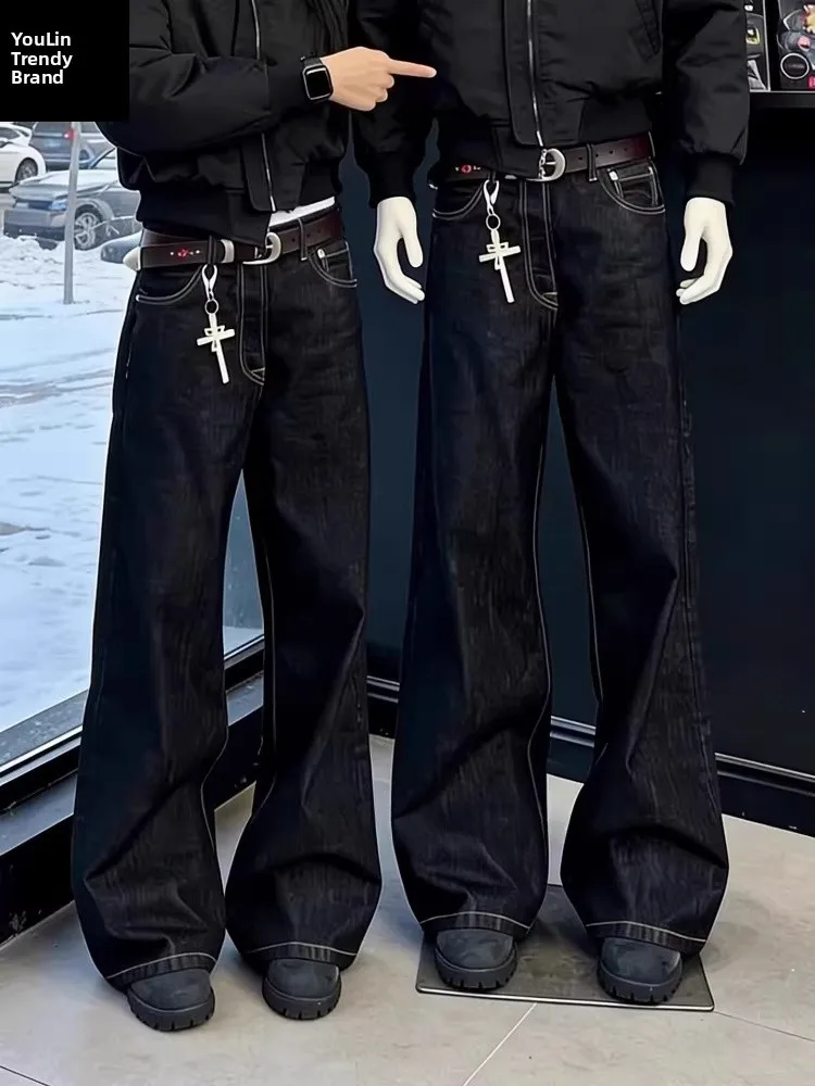 

Bla Denim Wide Leg Original Jeans Men's American Retro Cleanfit Loose Straight Micro Flared Pants High Waist Zipper Closure