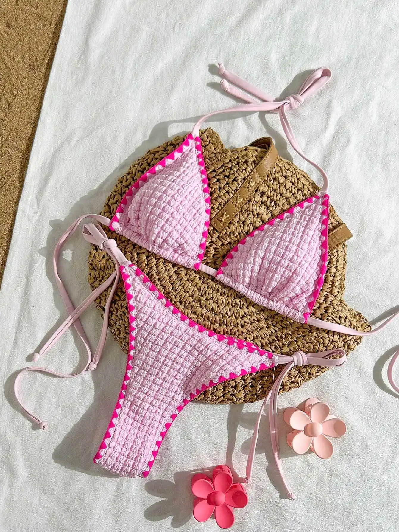 sexy pink patchwork micro bikinis sets two pieces halter back tie thong swimsuits bathing suit swimwear biquini tankini trikini