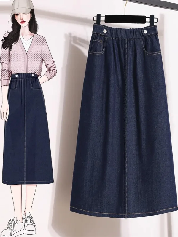 

High Waist A-Line Long Denim Skirt plus Size Women's Summer Slimming Straight Tube Skirt Material Full Coverage