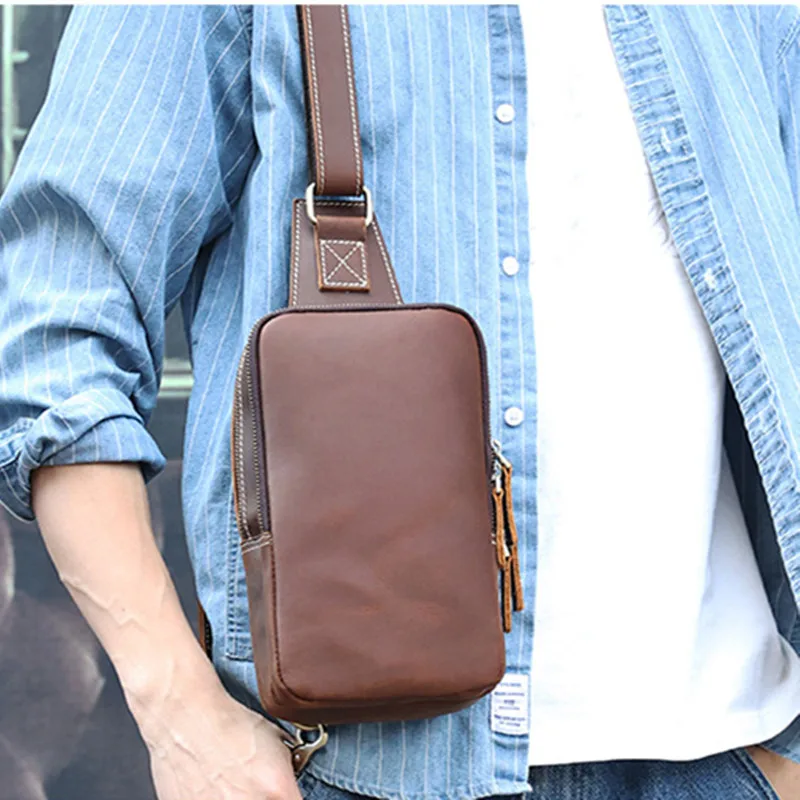 Genuine leather men's crossbody bag casual cowhide chest bag multifunction male shoulder bag large capacity sling bag