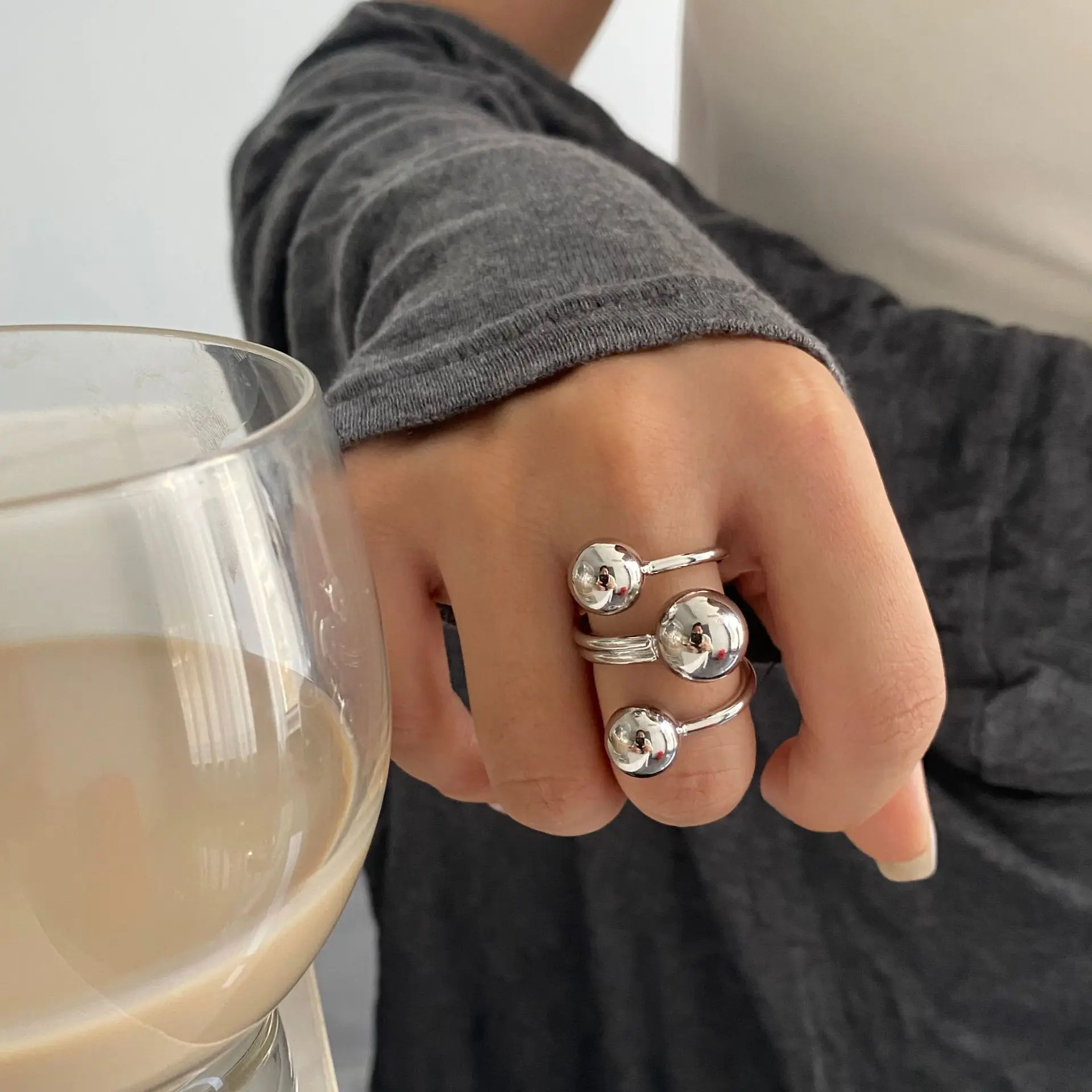 LATS Exaggeration Punk Metal Personality Irregular Three-layer Design Ball-Shape Open Ring for Women Fashion Simple Jewelry Gift
