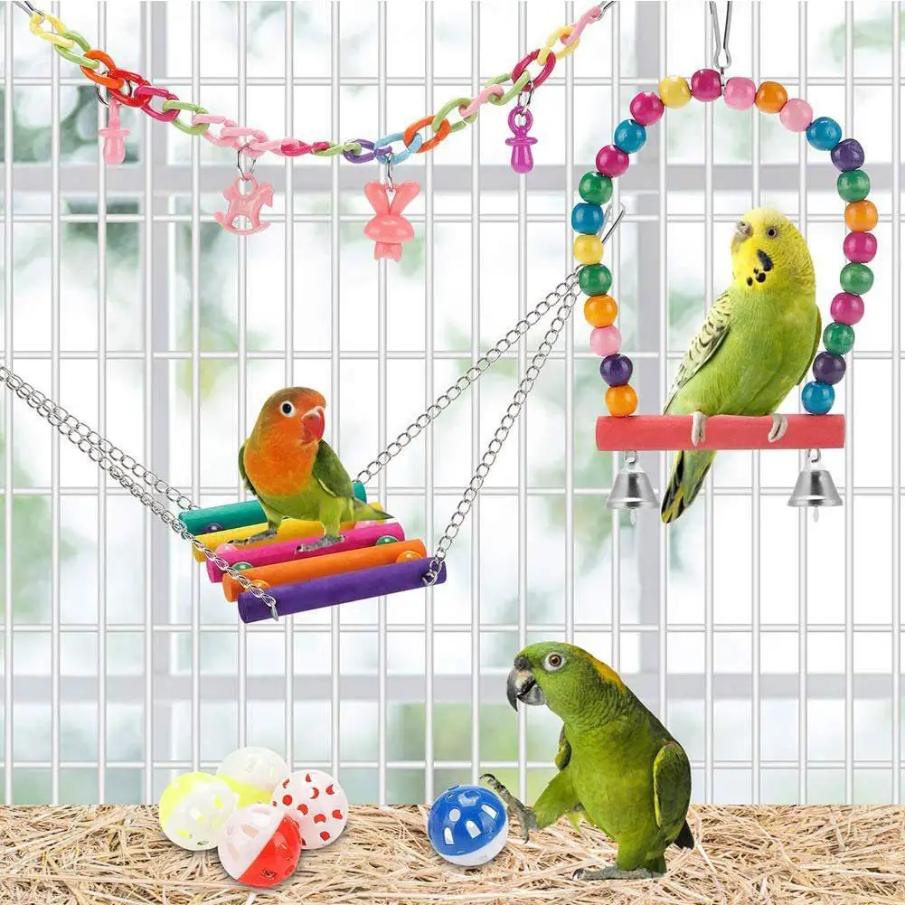 11pcs/Kit Bird Cage Toys For Parrots Wood Birds Swing Reliable Chewable Bite Bridge Wooden Beads Shape Parrot Toy Bird Toys