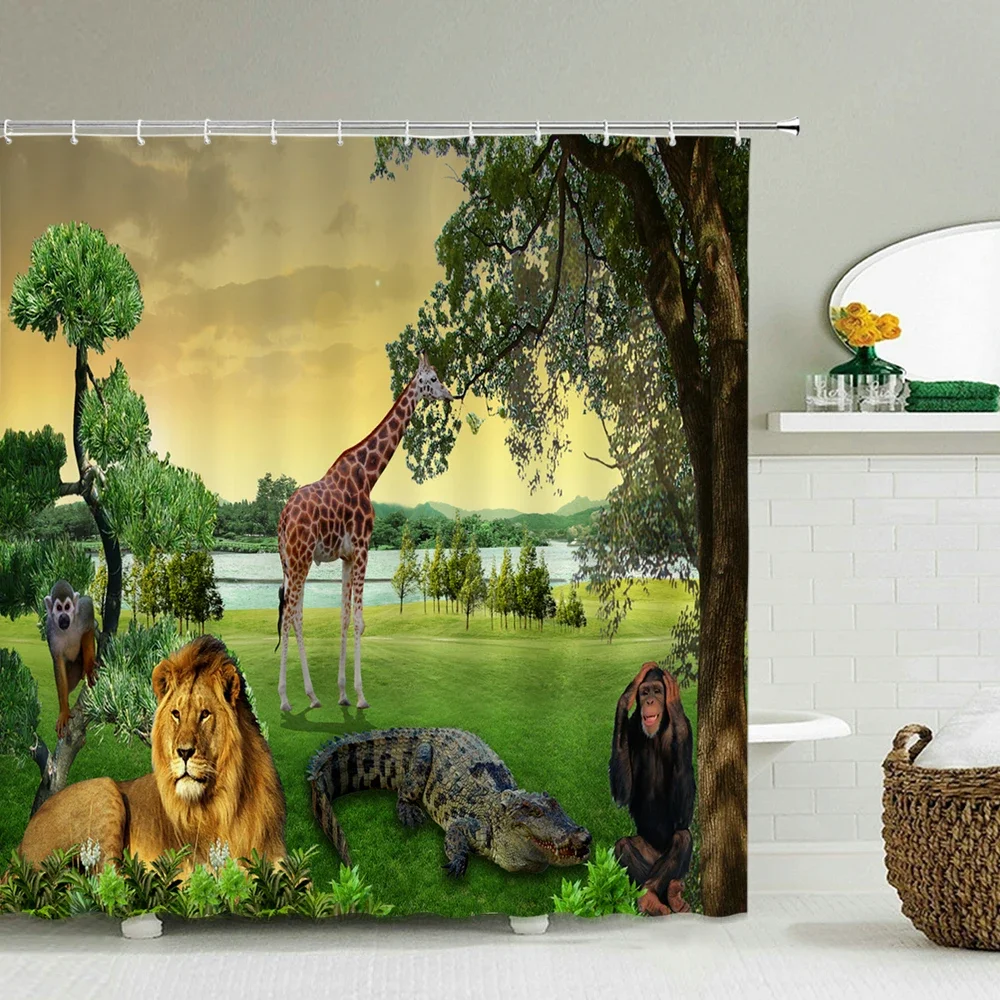 3D Printed Animals Shower Curtain With Hooks Tiger Monkey Giraffe Elephant Waterproof Fabric Home Decoration Bathroom Curtains