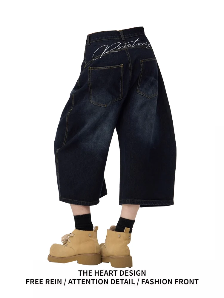 

Джинсовые орты с американским принтом в стиле ретро, женские летние новые дизайнерские свободные брюки прямого кроя, универсальные брюки на семи футов с завязками