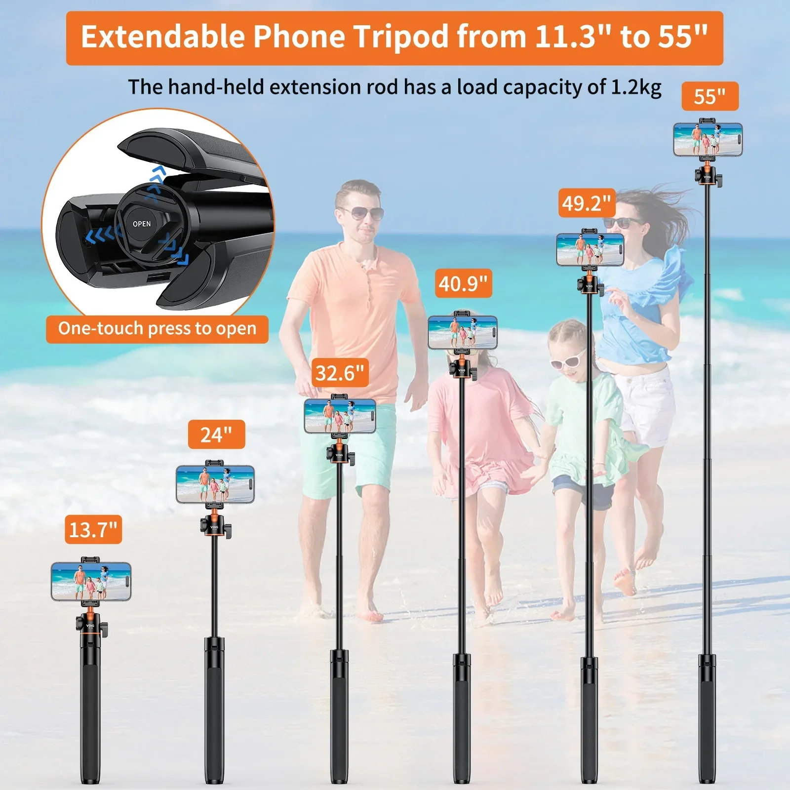 VRIG TP-16 140cm/55in Selfie Stick Tripod Stand with Flexible Ball Head Phone Holder 1/4 Inch Screw Connection for Smartphone