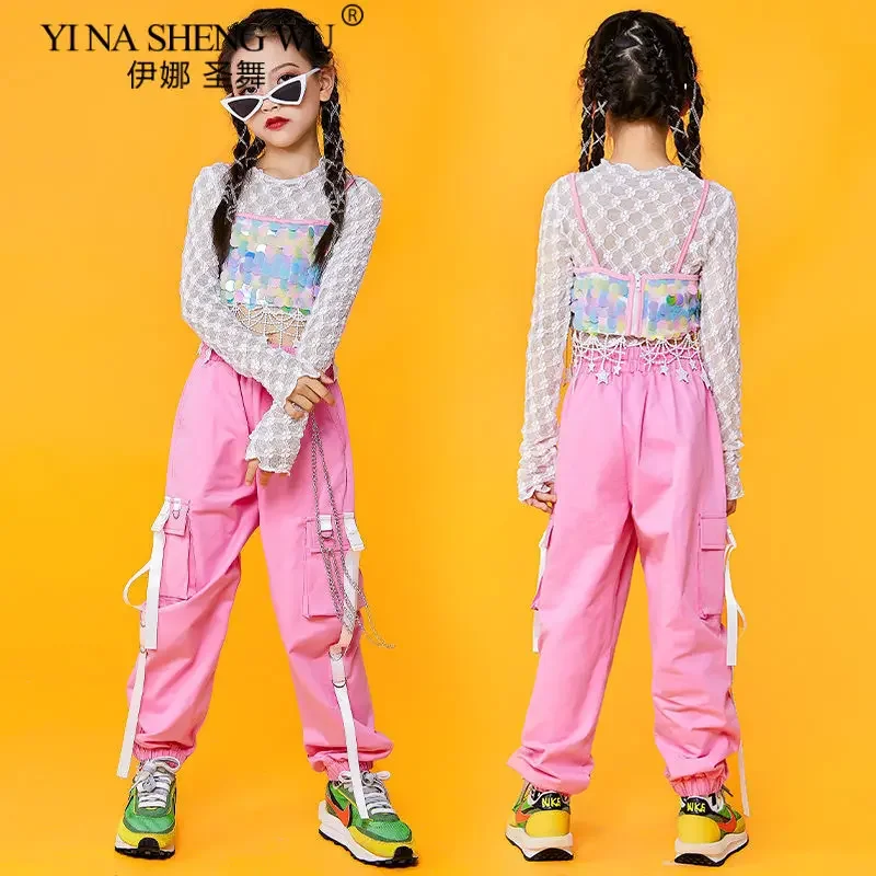 Vestito da ballo jazz per ragazze Costume hip-hop Vestito K-pop Crop Top Pantaloni cargo rosa Abbigliamento da ballo di strada moderno Set da performance per bambini