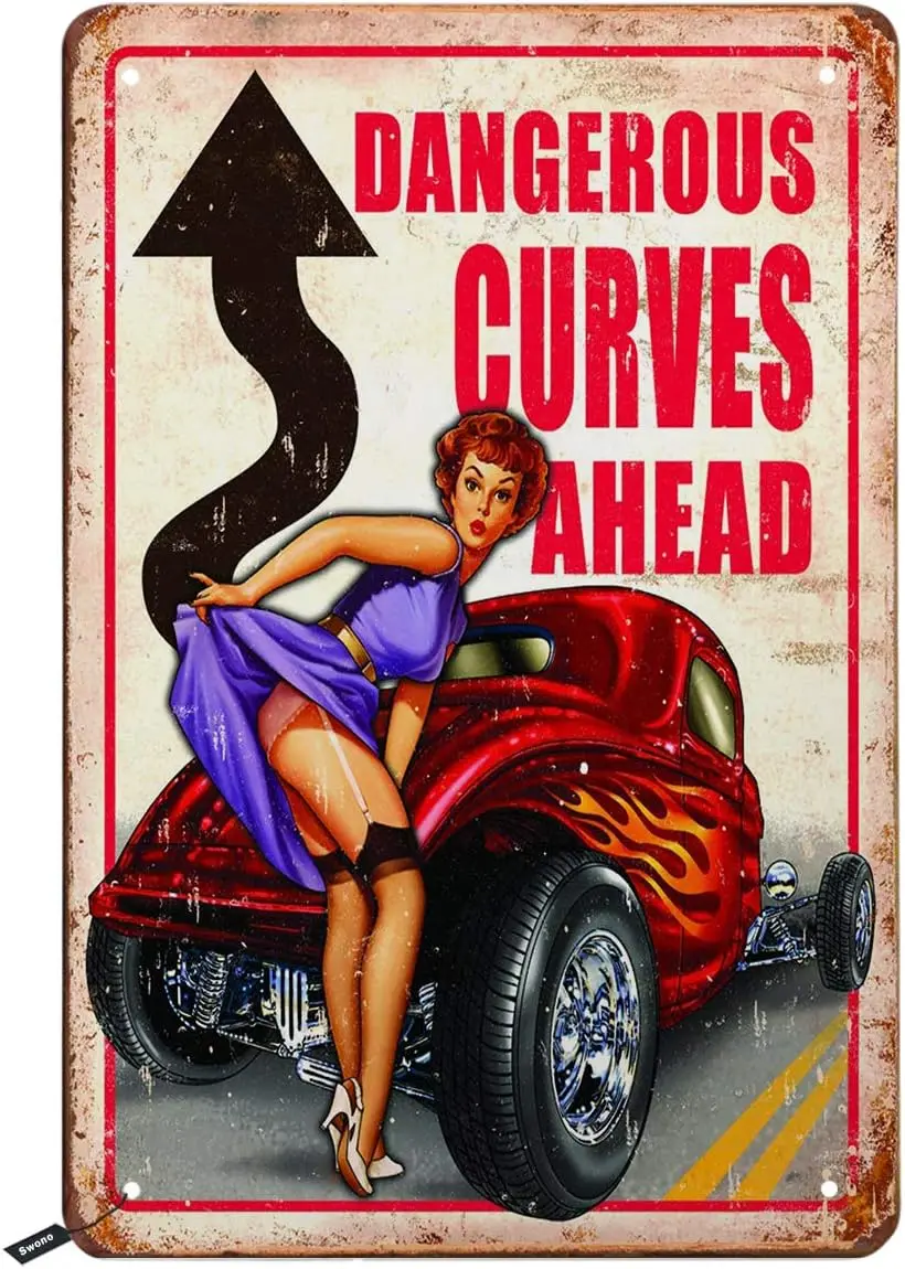 Swono Dangerous Curves Ahead Tin Signs,Pin Up with Red Car Vintage Metal Tin Sign For Men Women,Wall Decor for Bars,Restaurants,