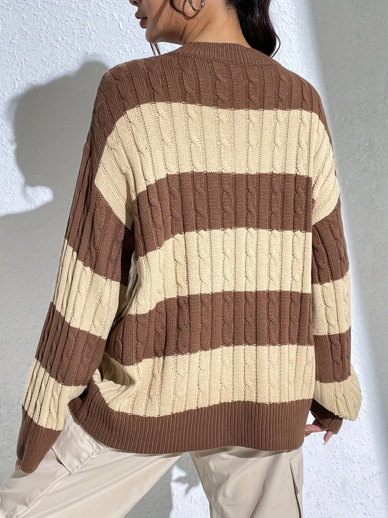 Suninbox Vintage V Neck Acrylic Knitted Sweaters Women Korean Fashion Long Sleeve Striped Sweater Pullover Autumn Winter Clothes