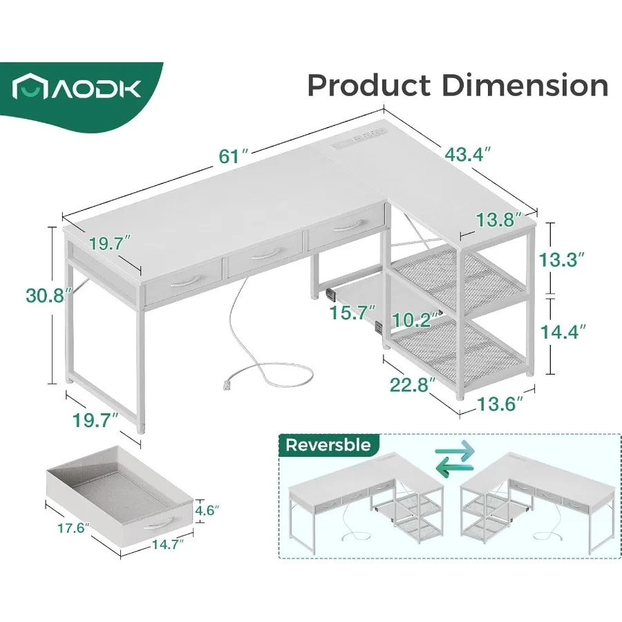مكتب كمبيوتر على شكل حرف L مقاس 61 بوصة مع أدراج للمكتب المنزلي ومكتب زاوية إعداد الألعاب يتميز بمنافذ طاقة مدمجة وإعادة