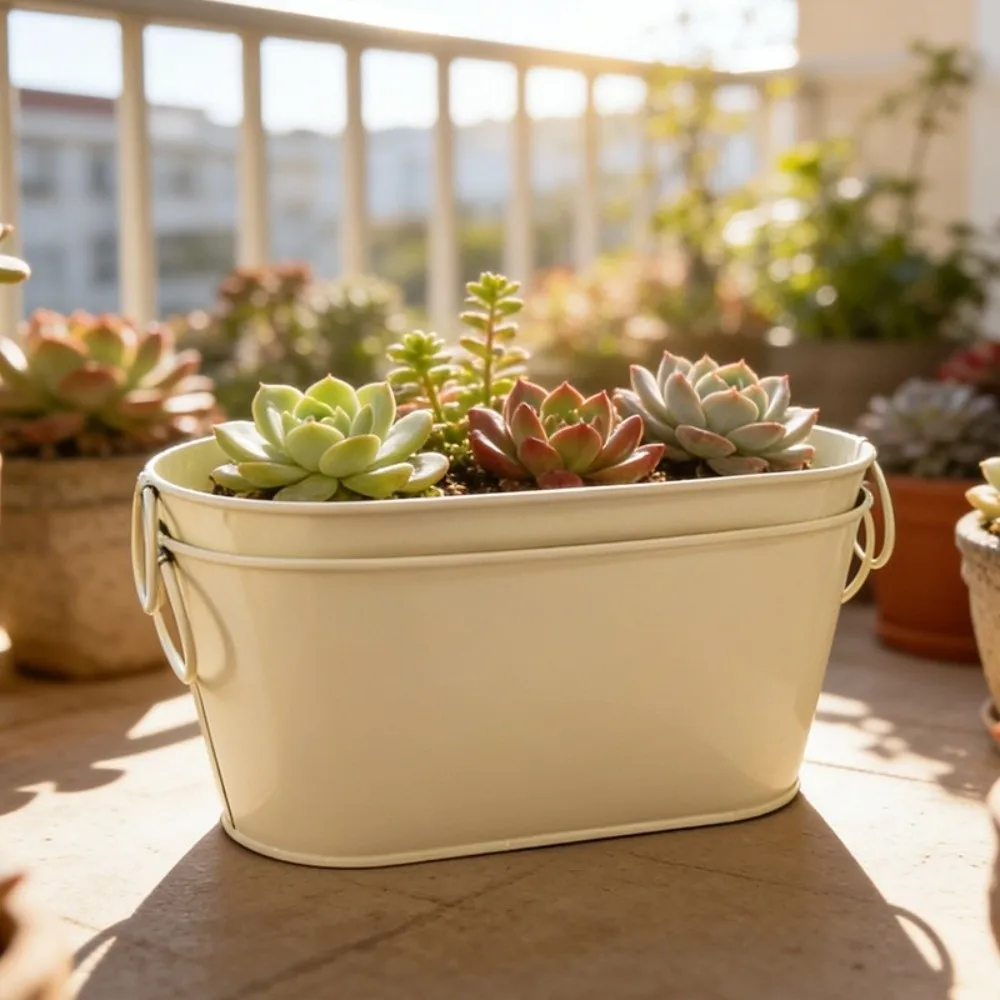 Simple Rustic Iron Flower Pot with Drainage with Handle Flower Container Vintage Plant Pot Indoor